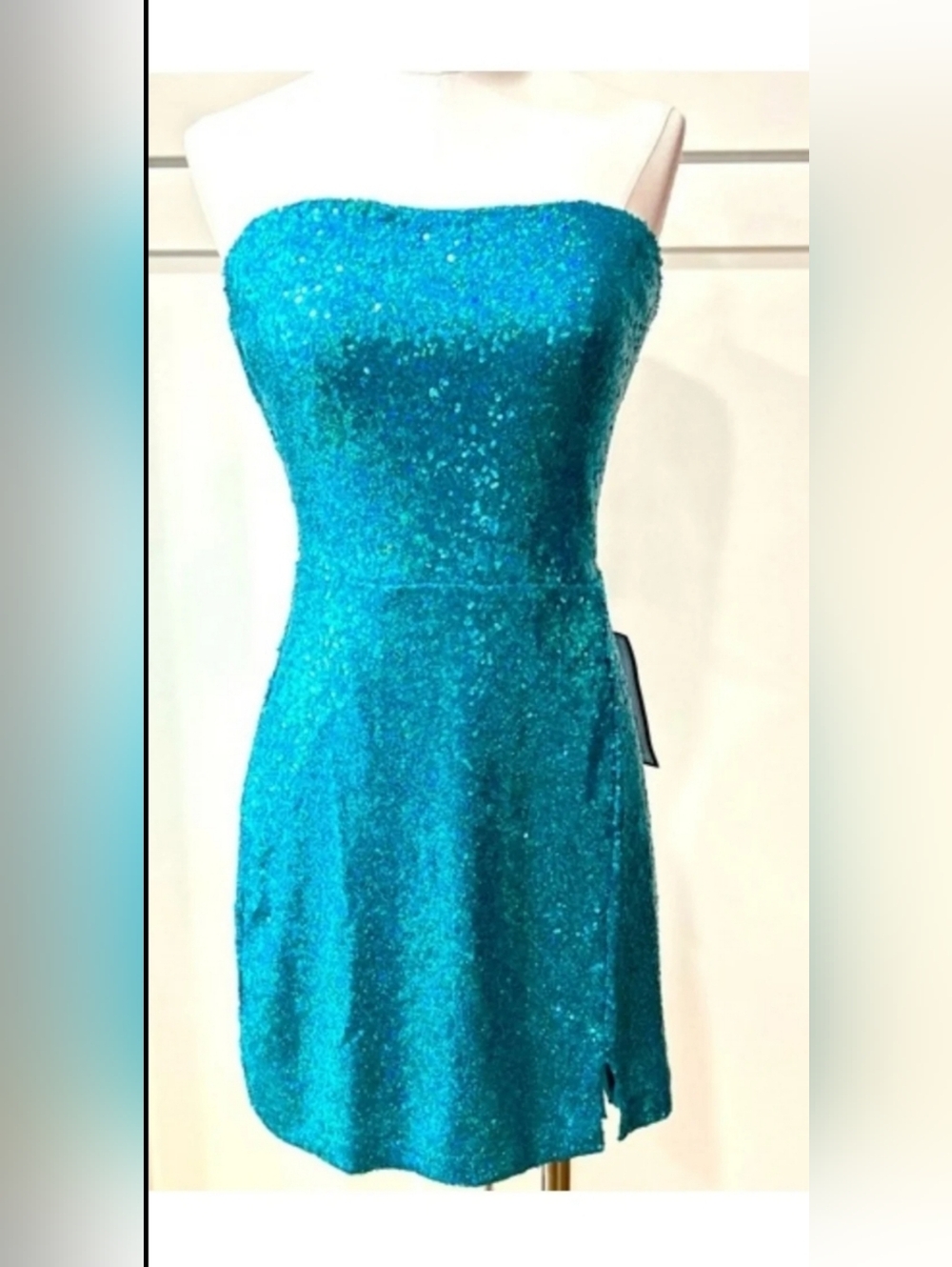 Dress B Darlin Macy's Shimmering Teal Sequin Stretch Fabric 13/14 Strapless NWT